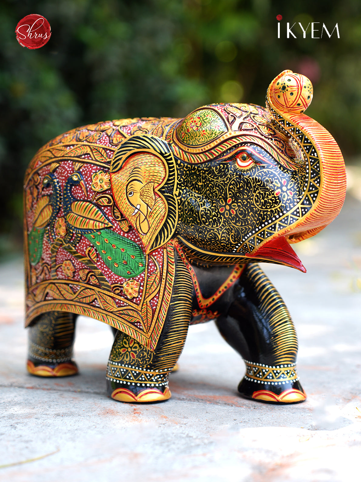 Wooden Elephant Idol with Pure Gold Foil Work