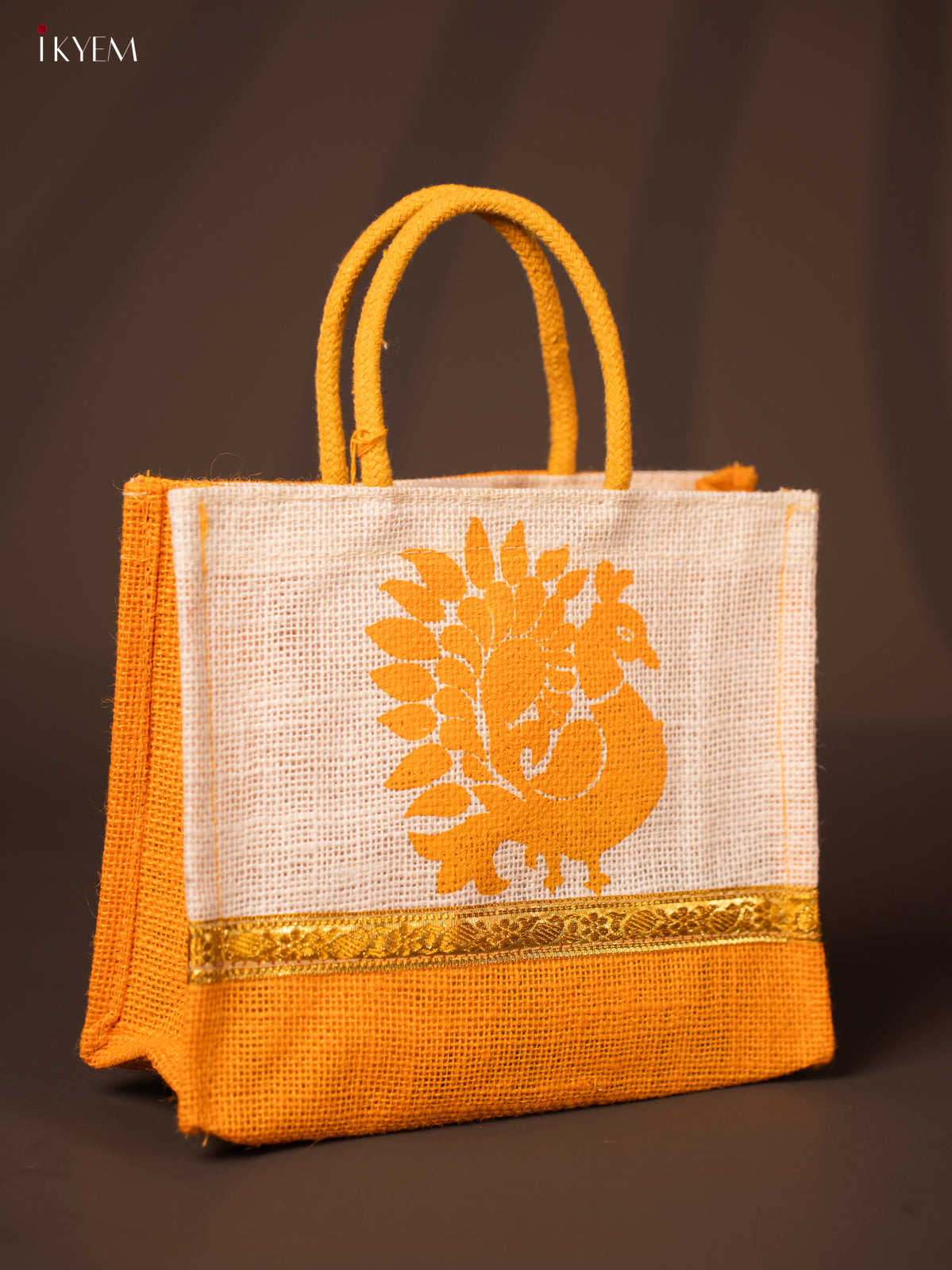 Adorable Beige & Yellow Jute Bags With Peacock Print