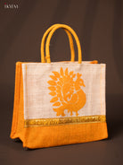 Adorable Beige & Yellow Jute Bags With Peacock Print