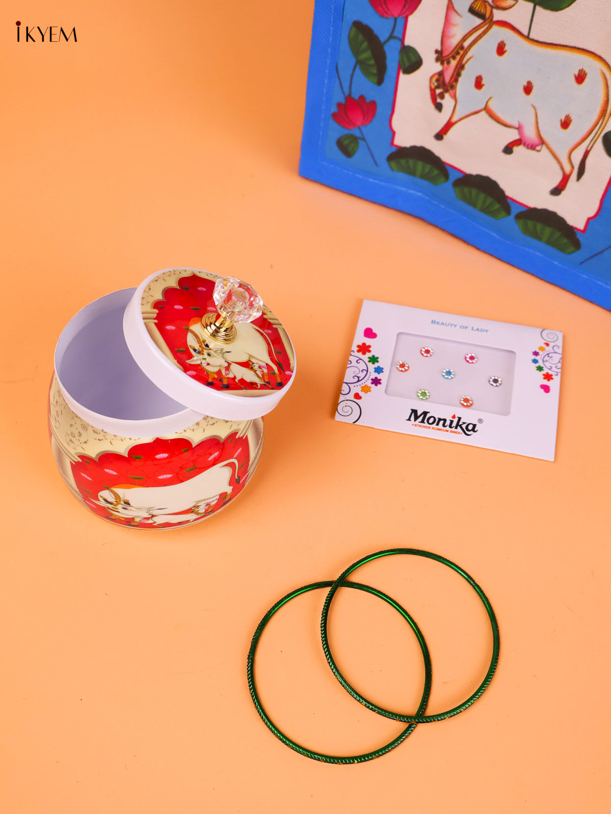 Artistic Pichwai Cow Printed Jute Bag & Jar Festive Gift Combo 1