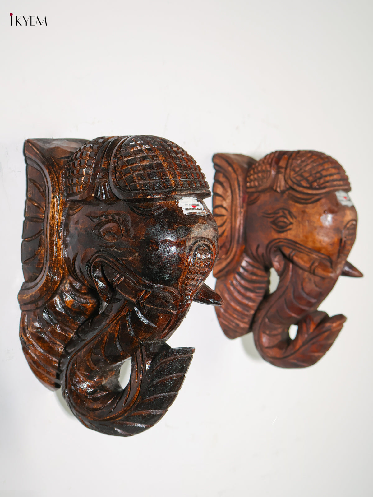 Artistic Wooden Hand Carved Elephant Head Wall Bracket Set 