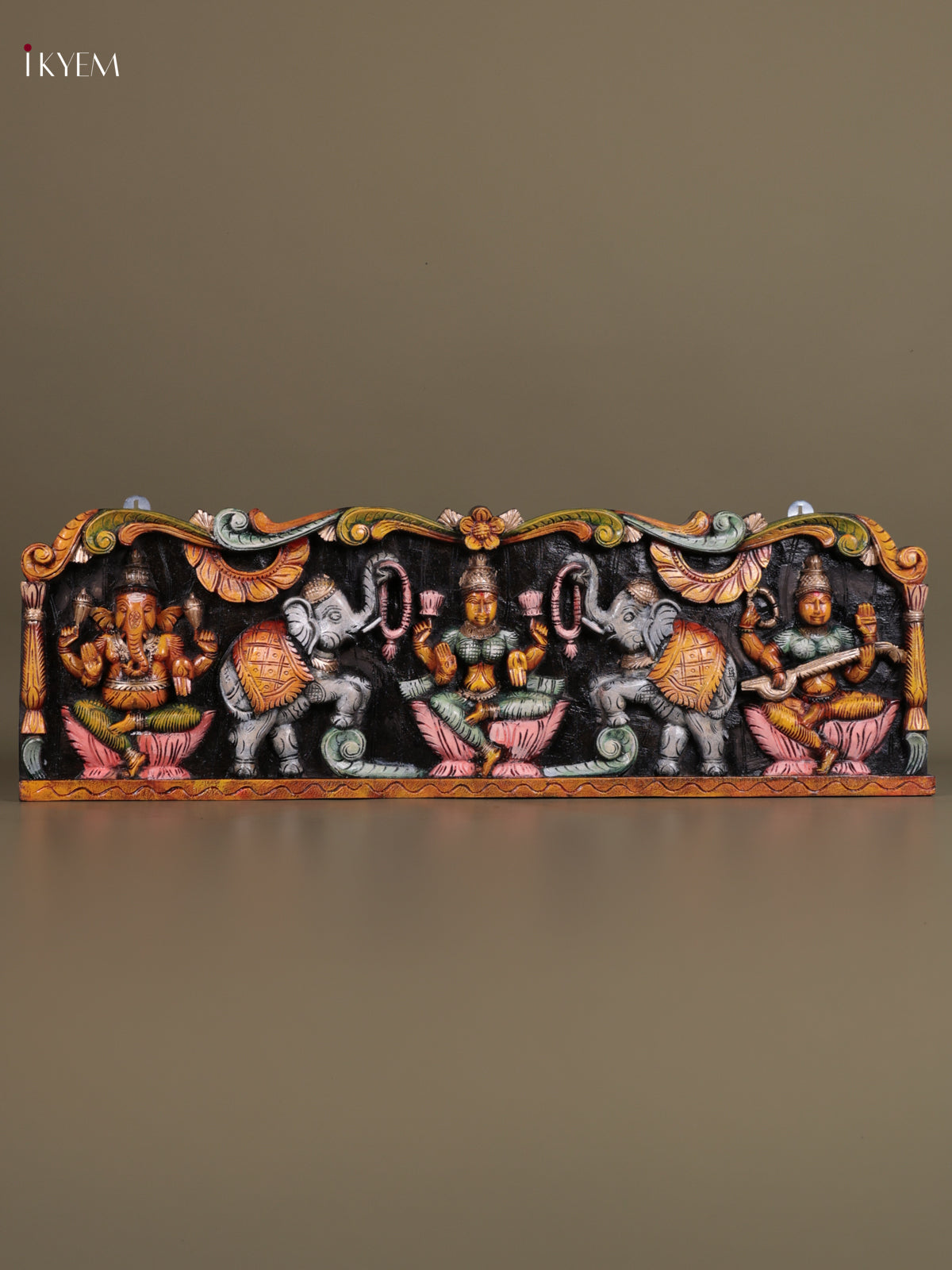 Beautiful Hand Carved Goddess GajaLakshmi, Saraswathi & Ganesha Wooden Panel 