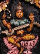 Beautiful Hand Carved Goddess GajaLakshmi, Saraswathi & Ganesha Wooden Panel 3