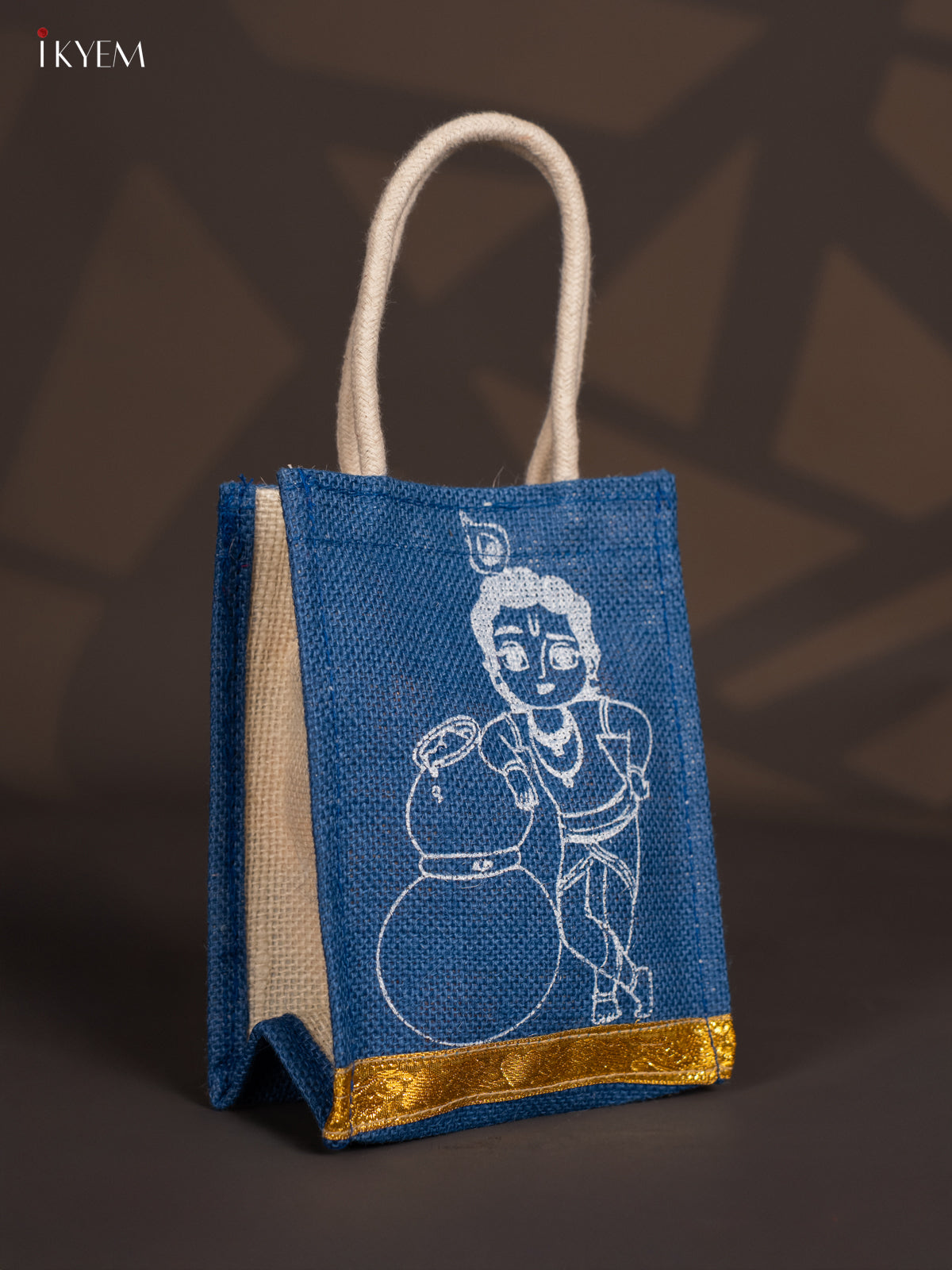 Beautiful Krishna Printed Blue Jute Bag With Zari Border - 8 Inch