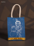 Beautiful Krishna Printed Blue Jute Bags With Zari Border - 8 Inch