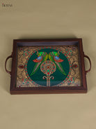 Beautiful Twin Parrot Reverse Glass Painted Tray In Green 