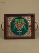 Beautiful Twin Parrot Reverse Glass Painted Tray In Green 1