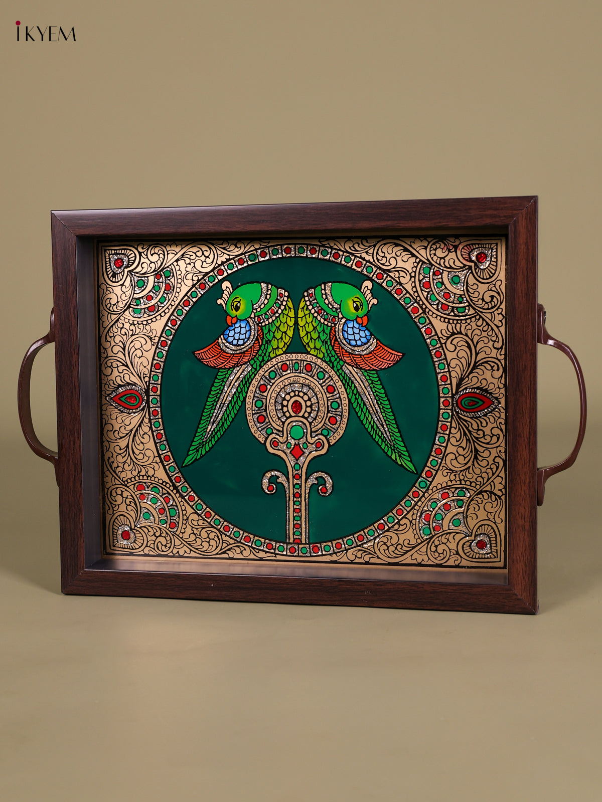 Beautiful Twin Parrot Reverse Glass Painted Tray In Green 2