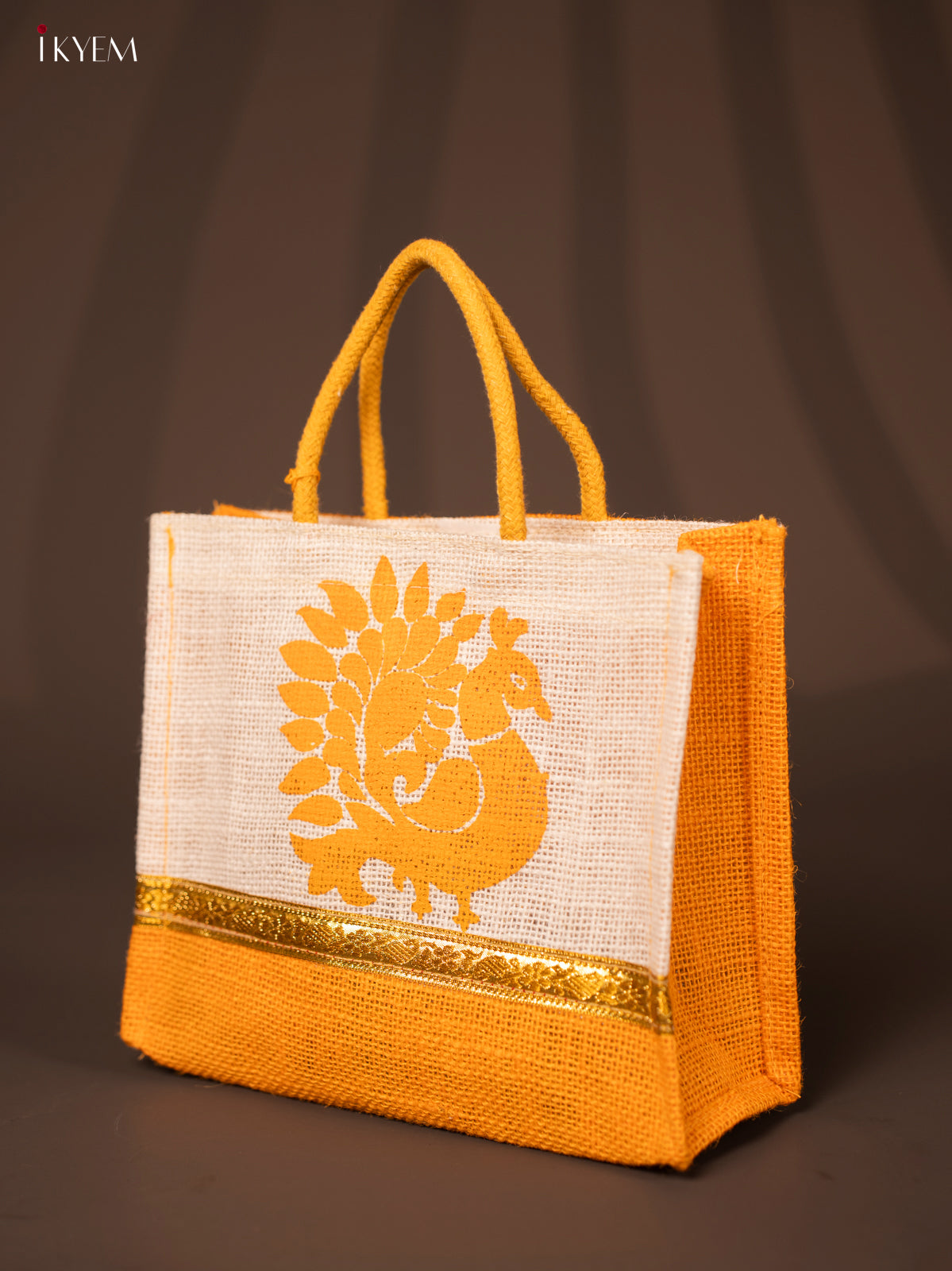 Beige & Yellow Jute Bags With Peacock Print