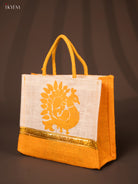 Beige & Yellow Jute Bags With Peacock Print