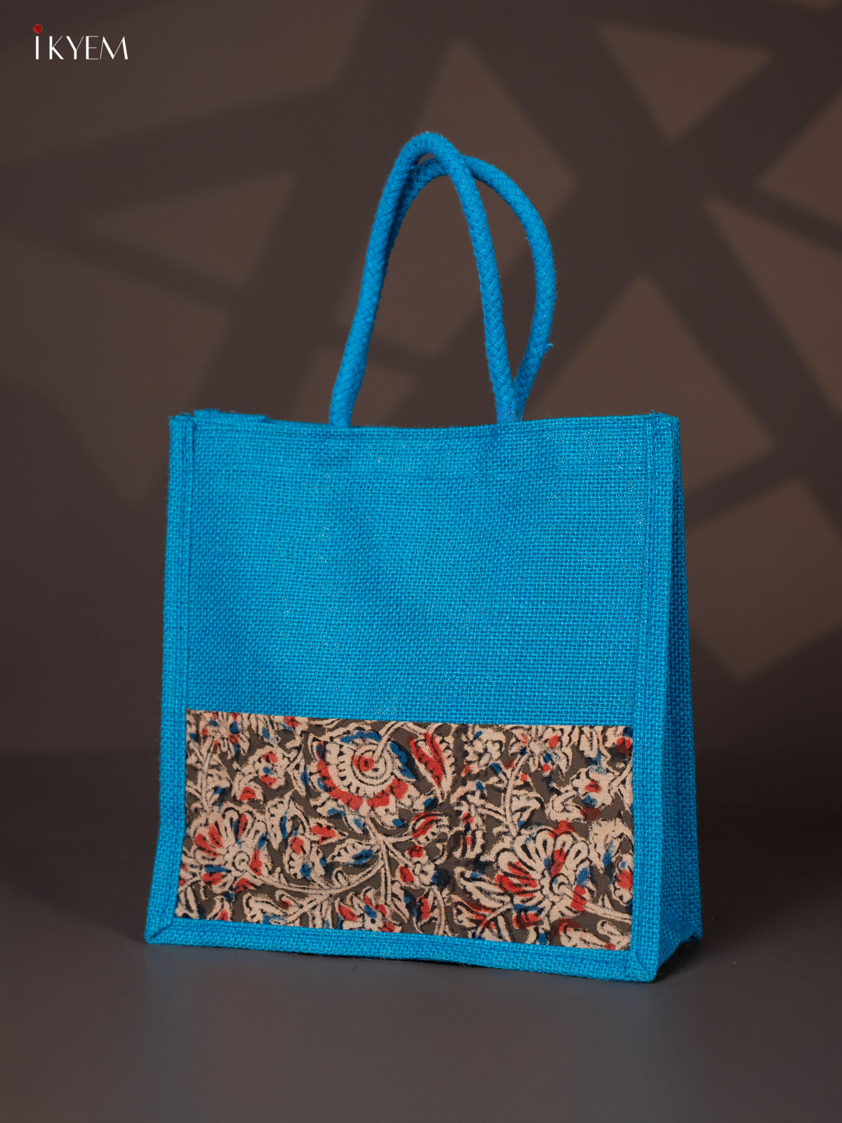 Blue Half & Half Kalamkari Jute Bags with Rope Handles