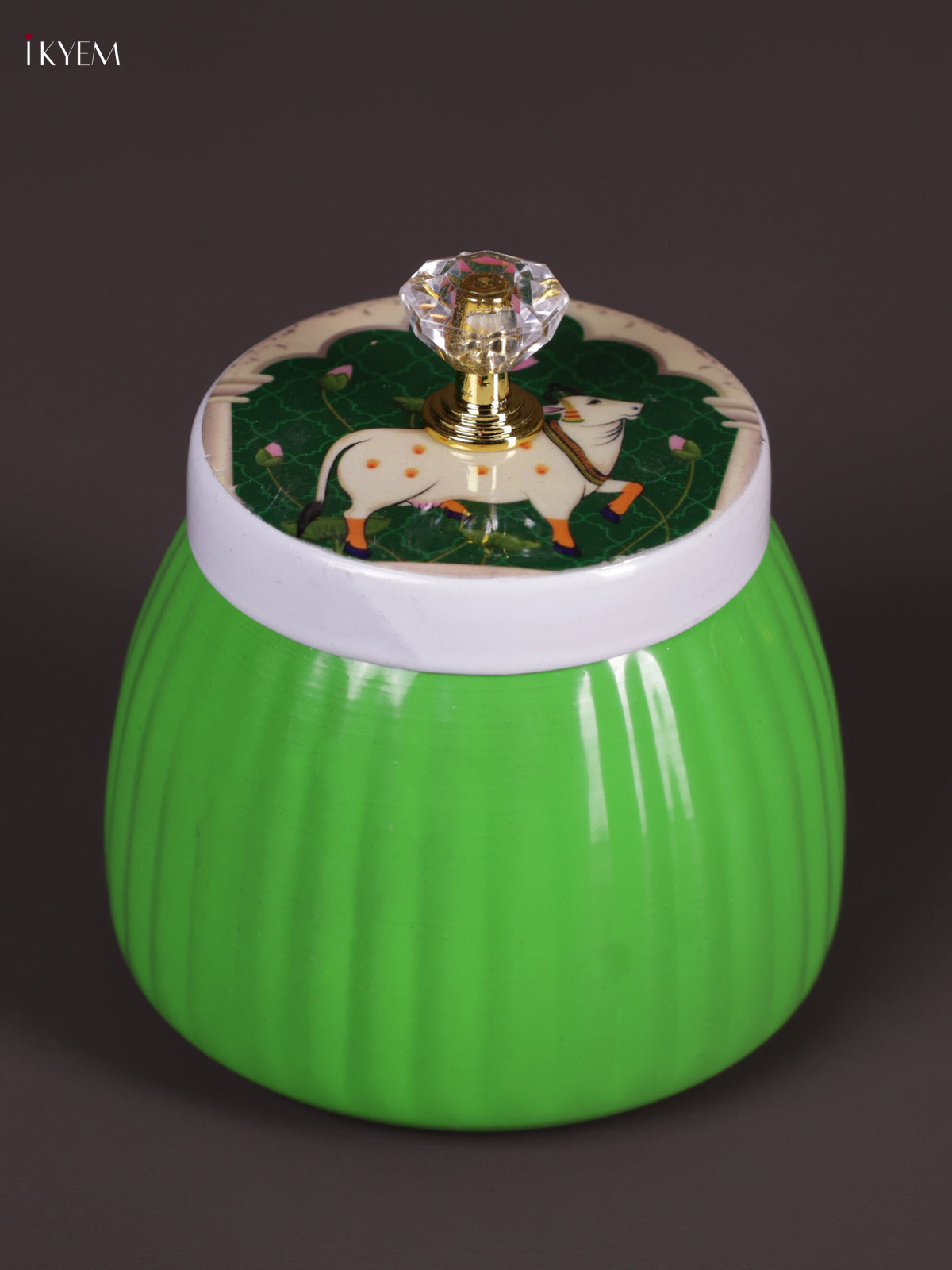 Bright Apple Green Metal Storage Jar With Pichwai Cow Printed Lid