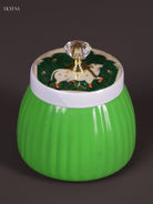 Bright Apple Green Metal Storage Jar With Pichwai Cow Printed Lid