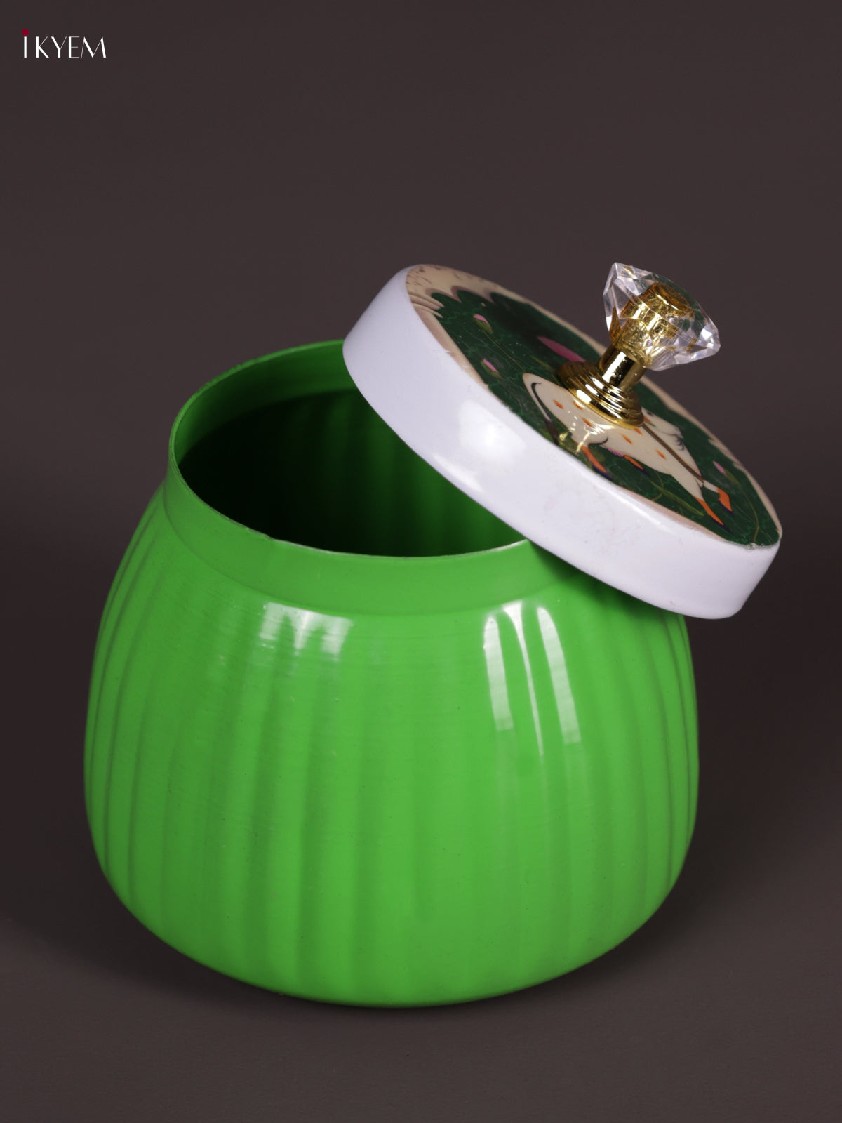Bright Apple Green Metal Storage Jar With Pichwai Cow Printed Lid 1