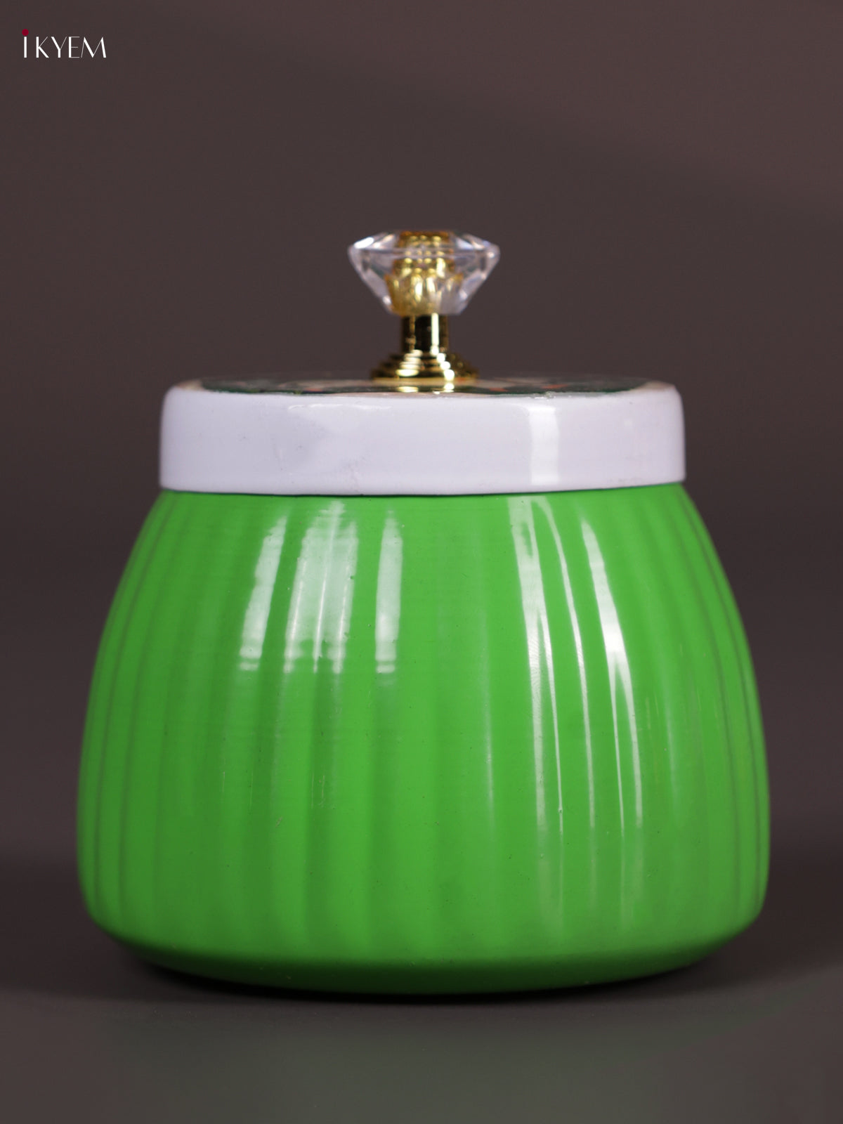Bright Apple Green Metal Storage Jar With Pichwai Cow Printed Lid 2