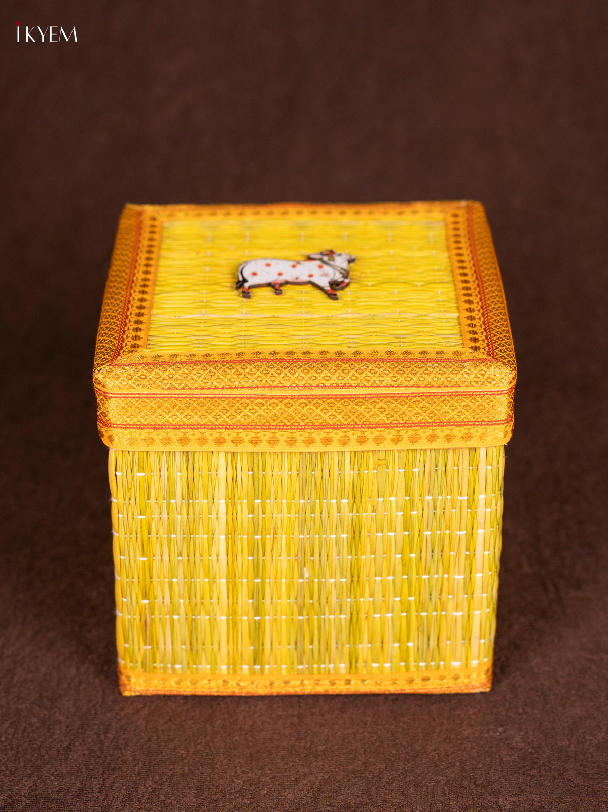 Bright Yellow Korai Gift Box with Net Potli & Pichwai Cow Motif - 7 inch