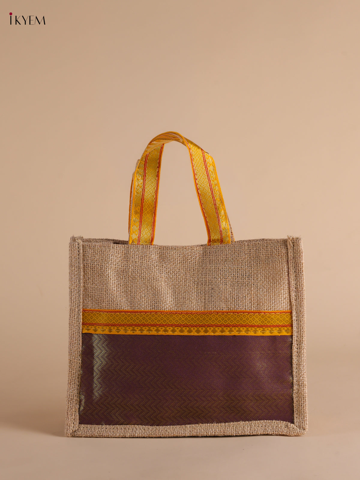 Brown Half & Half Raw Silk Jute Bag with Velcro on Top