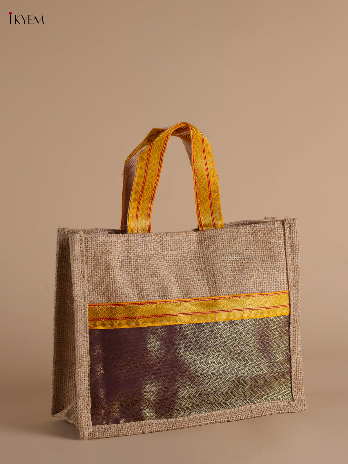 Brown Half & Half Raw Silk Jute Bag with Velcro on Top 1