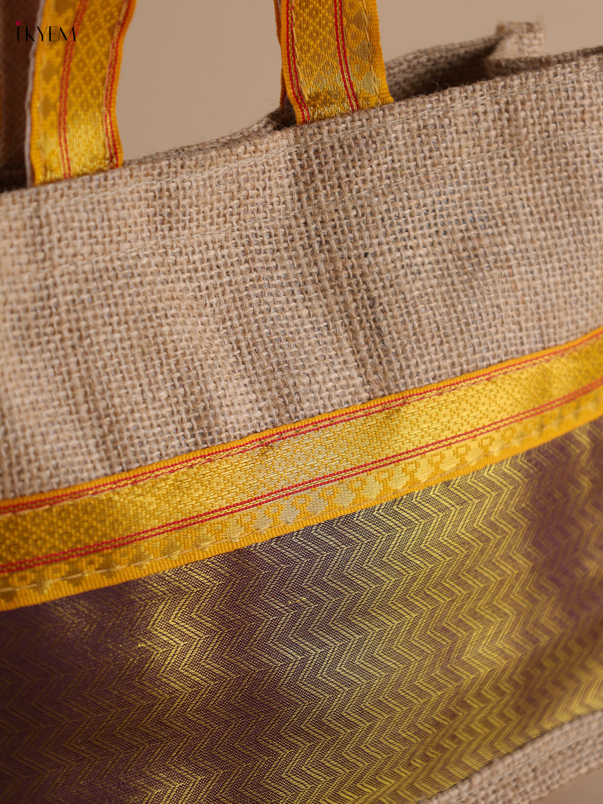 Brown Half & Half Raw Silk Jute Bag with Velcro on Top 2