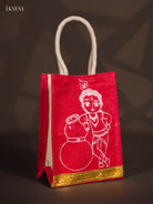 Charming Krishna Printed Red Jute Bags With Zari Border 