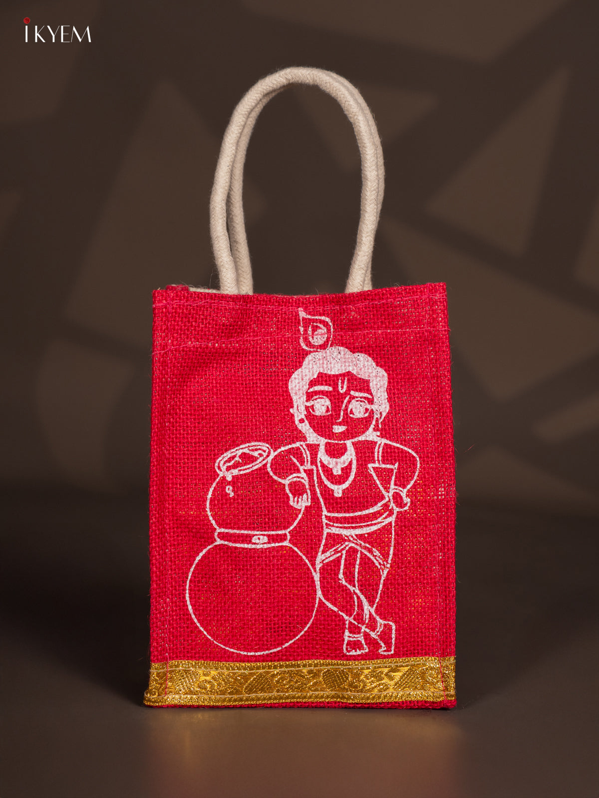 Charming Krishna Printed Red Jute Bags With Zari Border - 8 Inch
