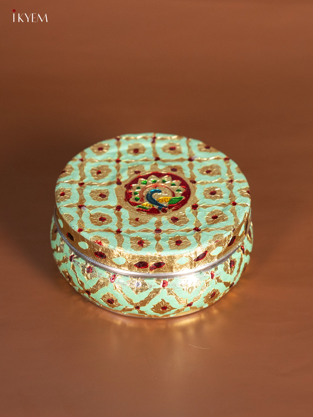 Charming Pista Green Steel Box With Meenakari Design 
