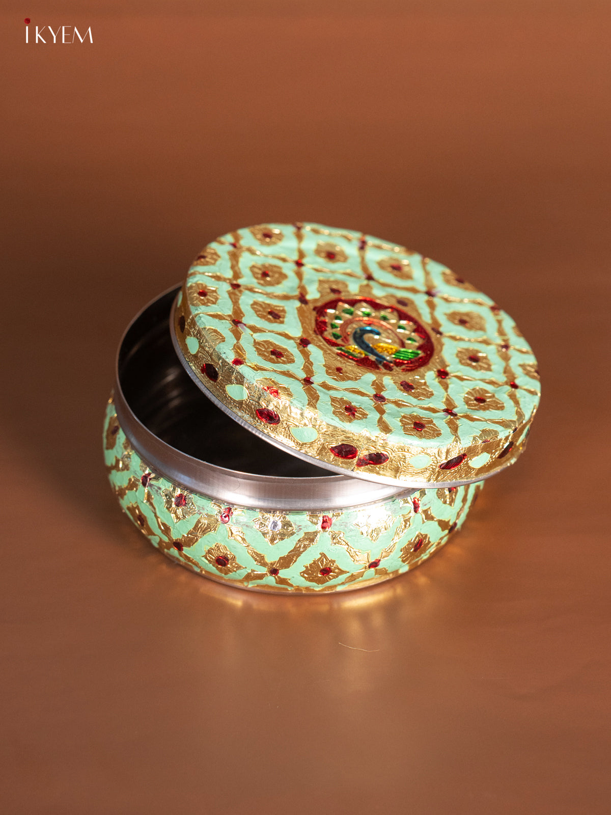 Charming Pista Green Steel Box With Meenakari Design 1