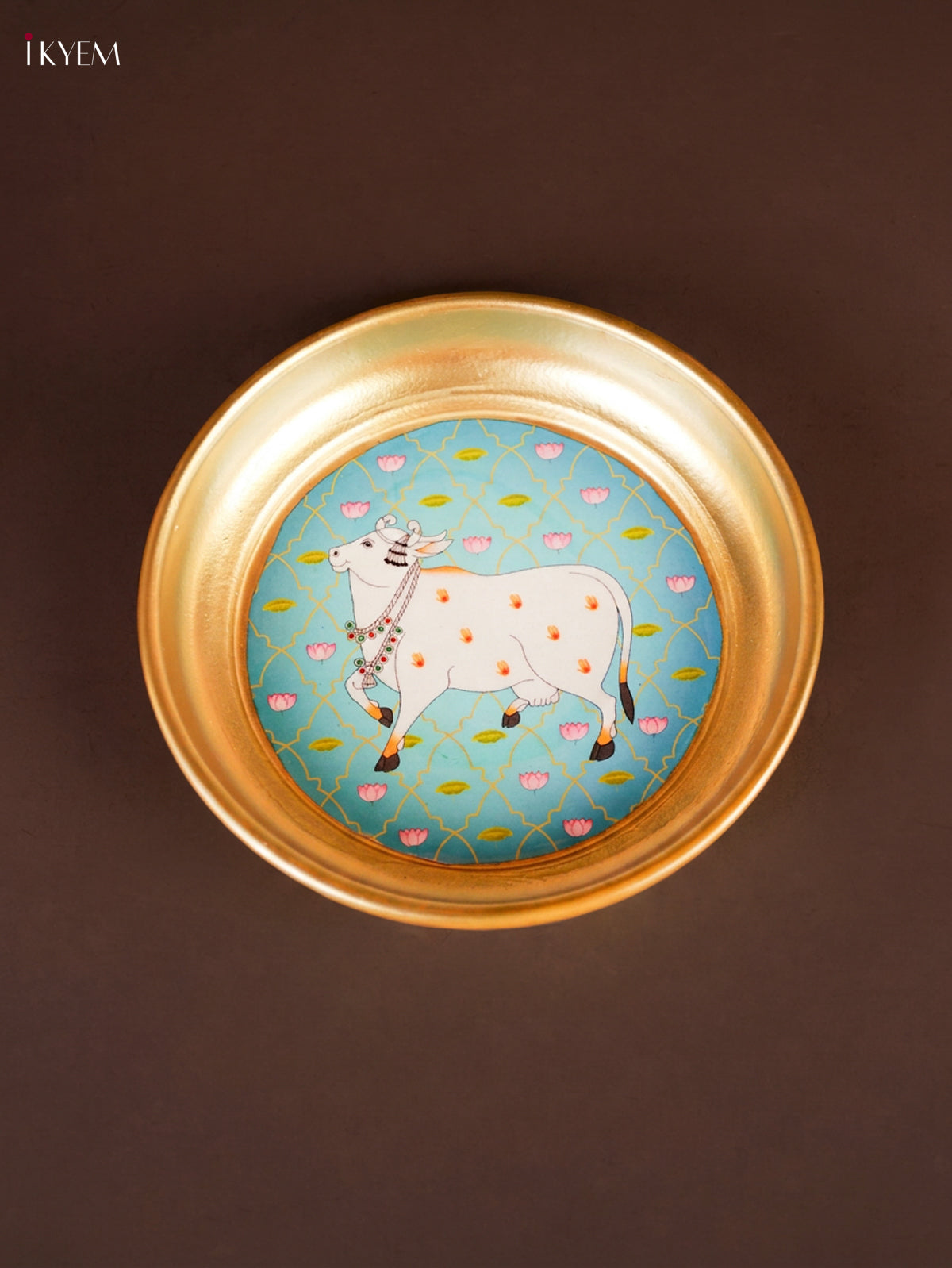 Charming Sky Blue Pichwai Cow & Lotus Printed Brass Coated Decorative Plate 1