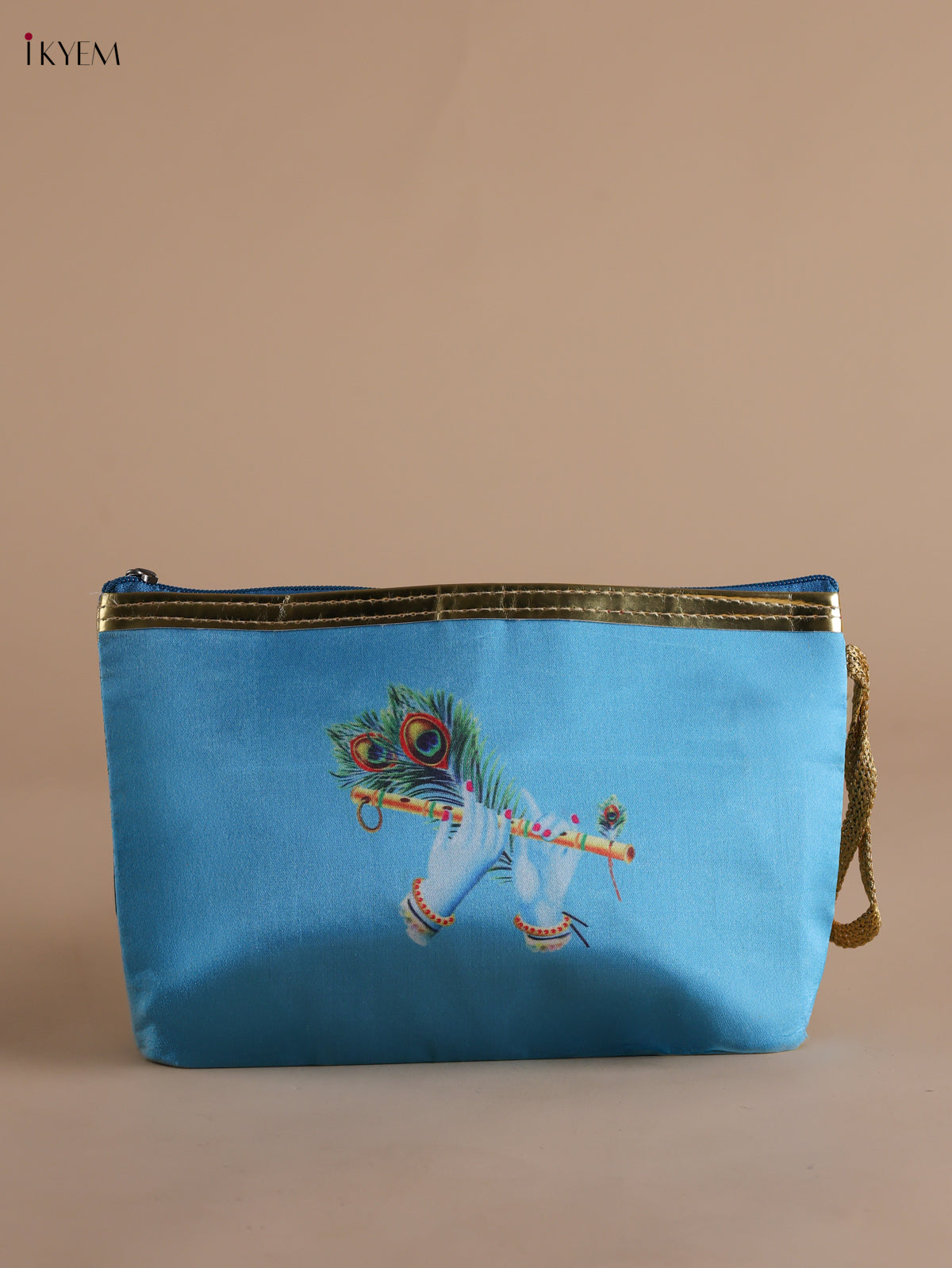 Chic Krishna Flute & Peacock Feather Printed Sky Blue Purse with Zipper