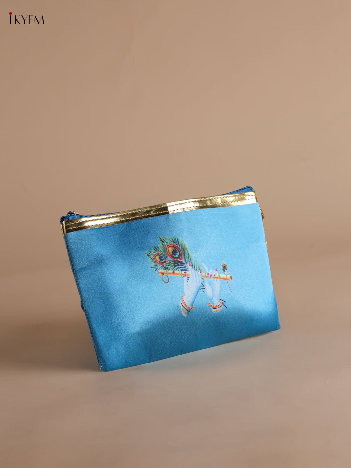 Chic Krishna Flute & Peacock Feather Printed Sky Blue Purse with Zipper 1