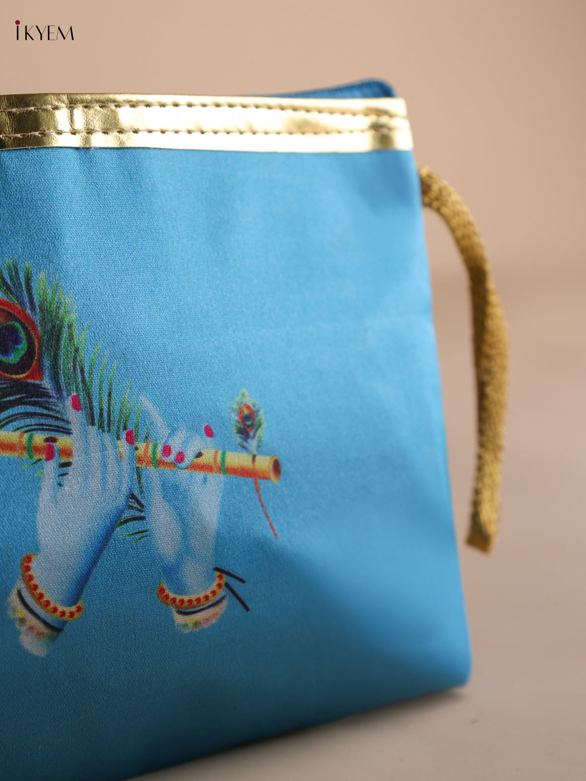 Chic Krishna Flute & Peacock Feather Printed Sky Blue Purse with Zipper 2