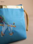 Chic Krishna Flute & Peacock Feather Printed Sky Blue Purse with Zipper 2
