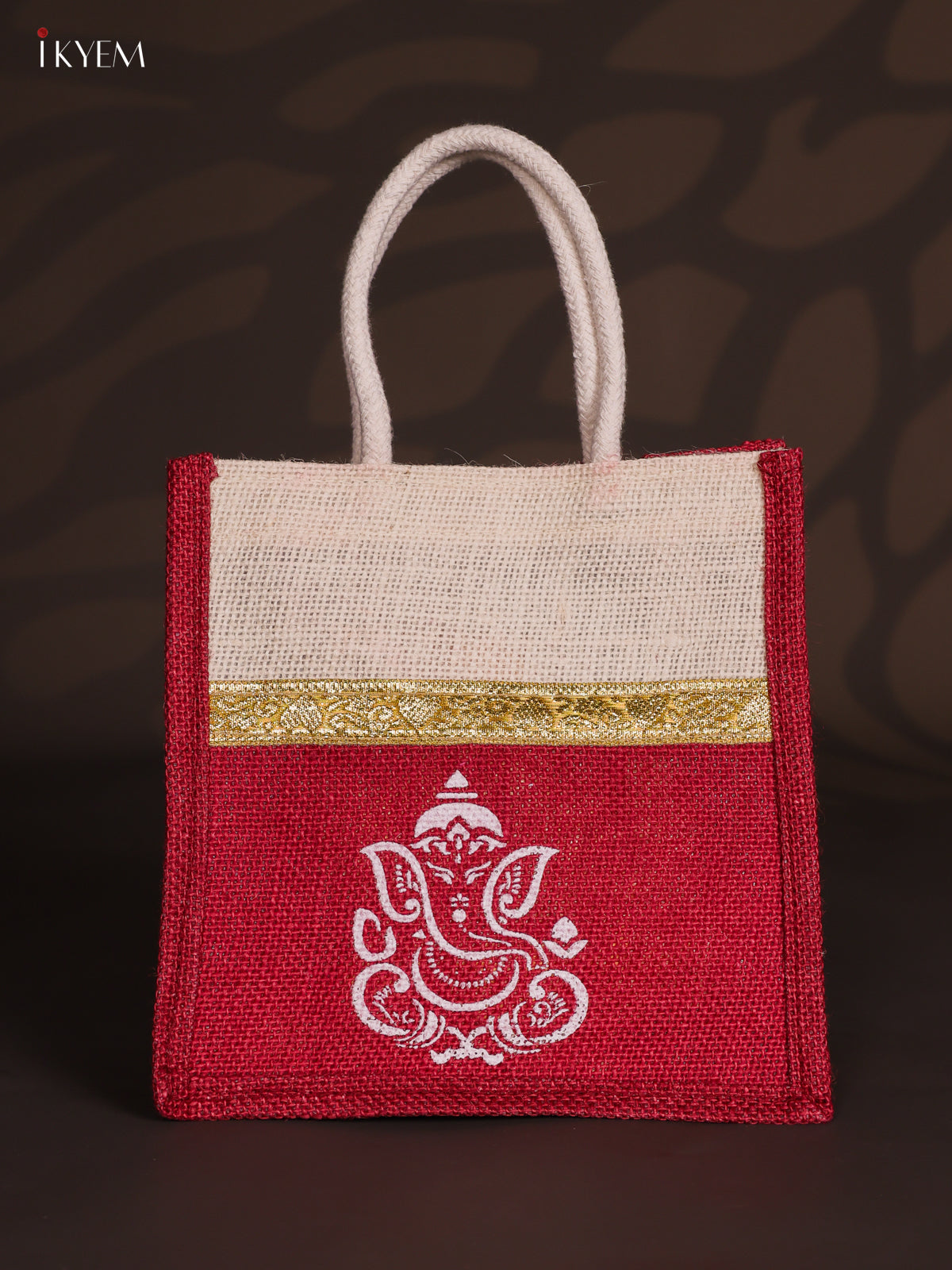 Chic Maroon & Beige Ganesha Printed Jute Bag with Zari border - 8 Inch 