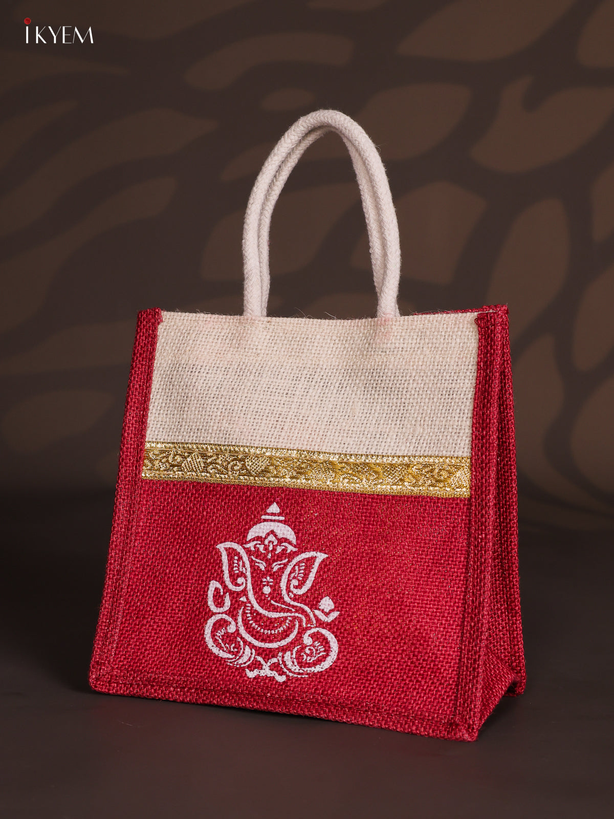 Chic Maroon & Beige Ganesha Printed Jute Bags with Zari border - 8 Inch 