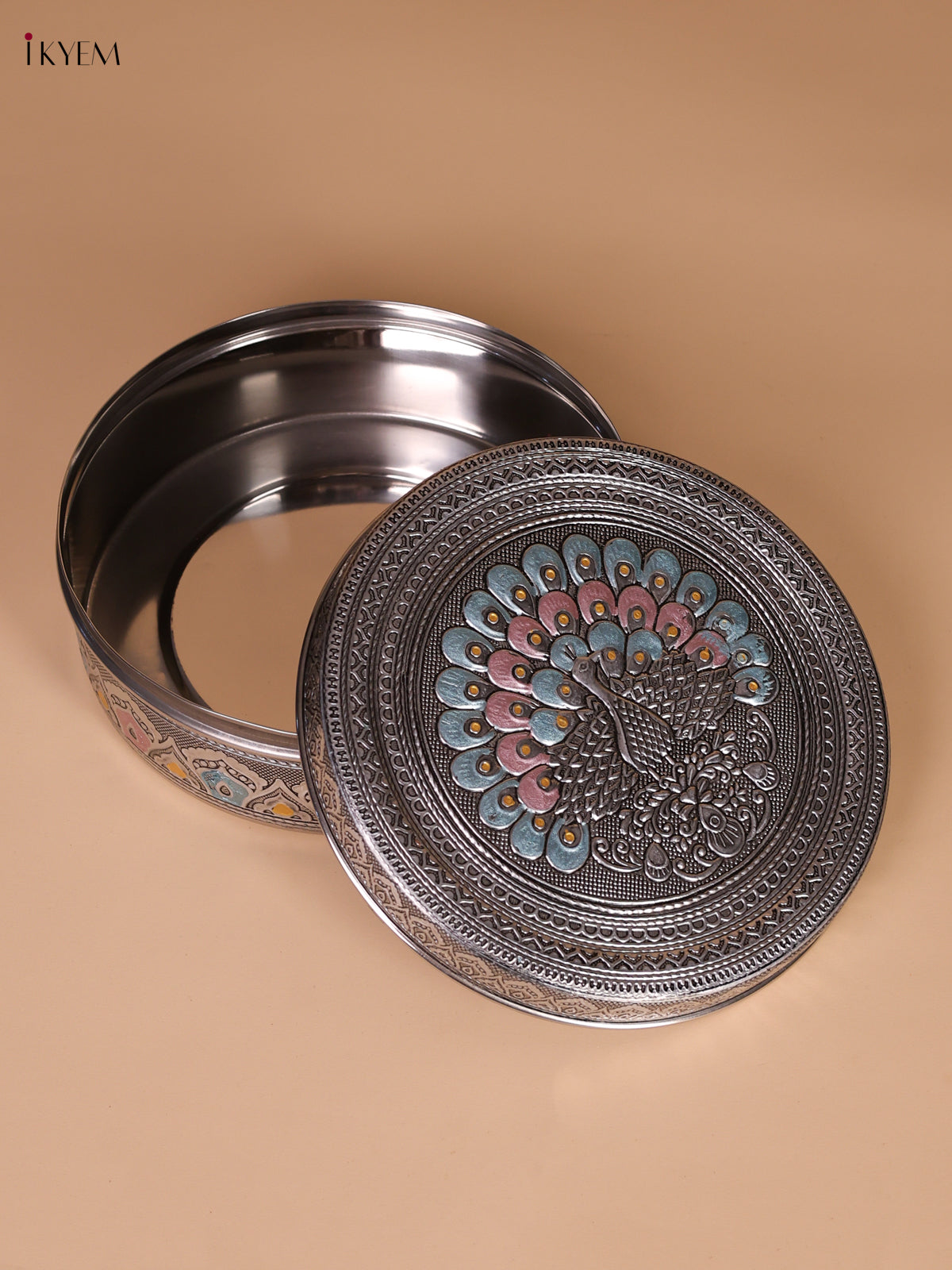 Chic Meenakari Storage Box With Fan Tailed Peacock Design 1