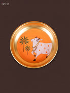 Chic Orange Pichwai cow Printed Brass Coated Decorative Plate 1