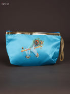 Chic Sky Blue Krishna Flute & Peacock Feather Printed Purse With Zipper