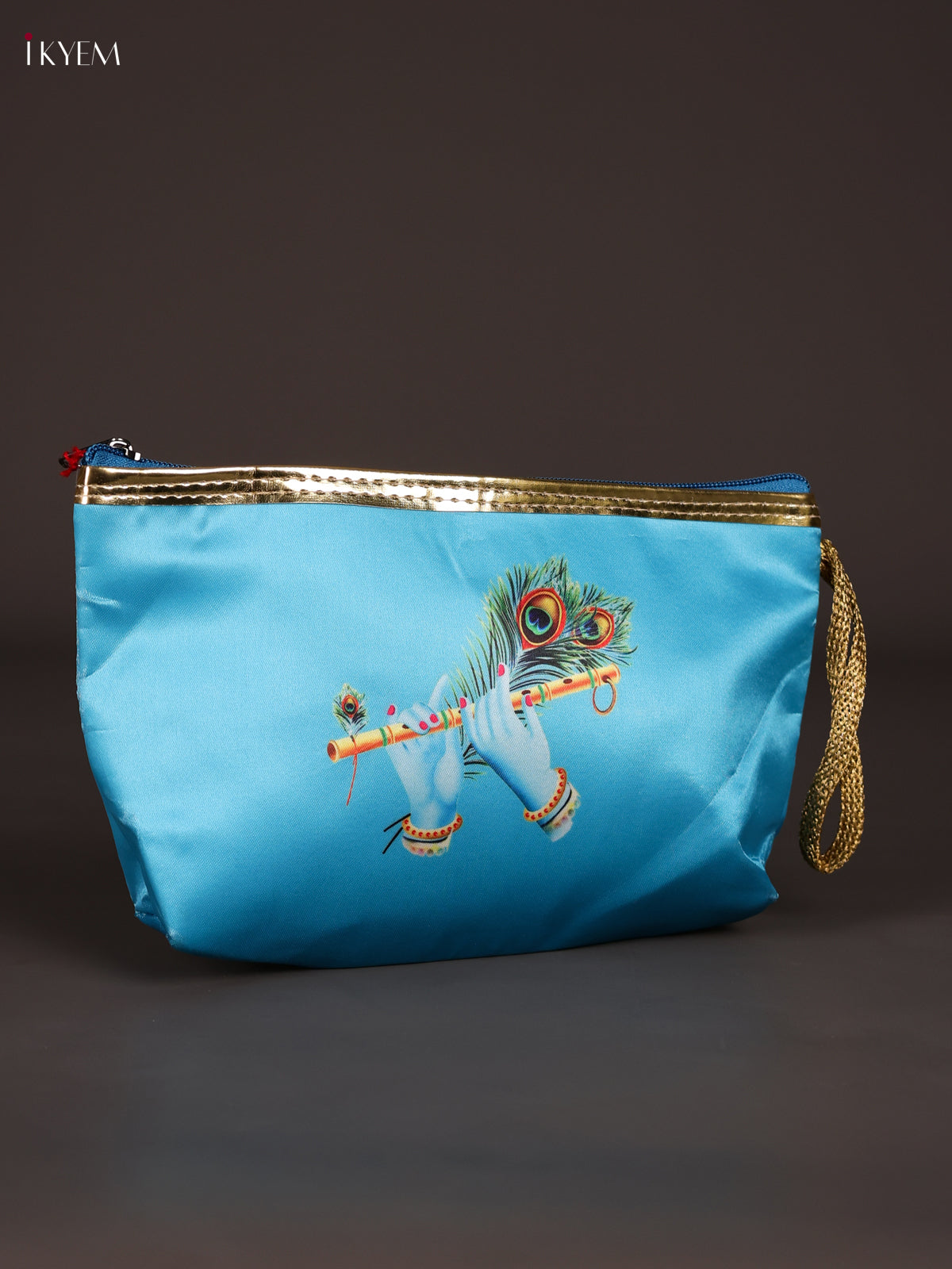 Chic Sky Blue Krishna Flute & Peacock Feather Printed Purse With Zipper 1