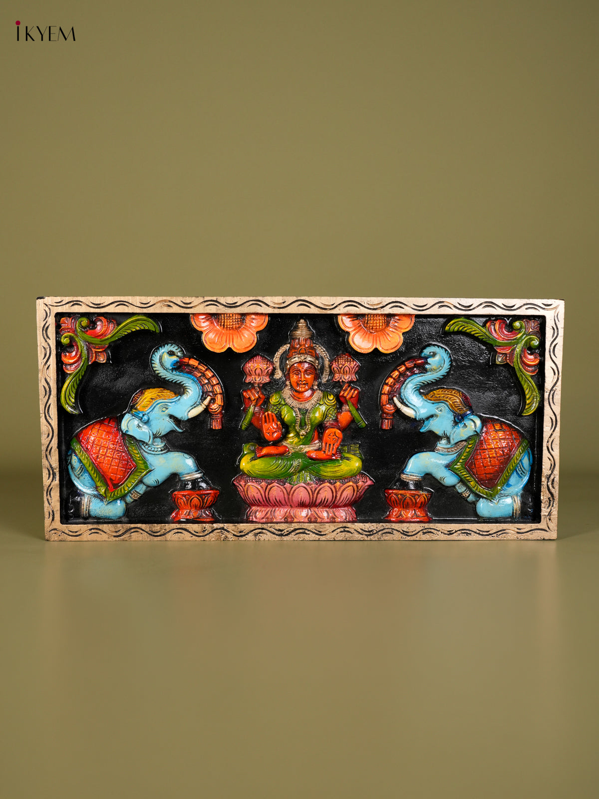 Classy Hand Painted Gajalakshmi Wooden Wall Panel