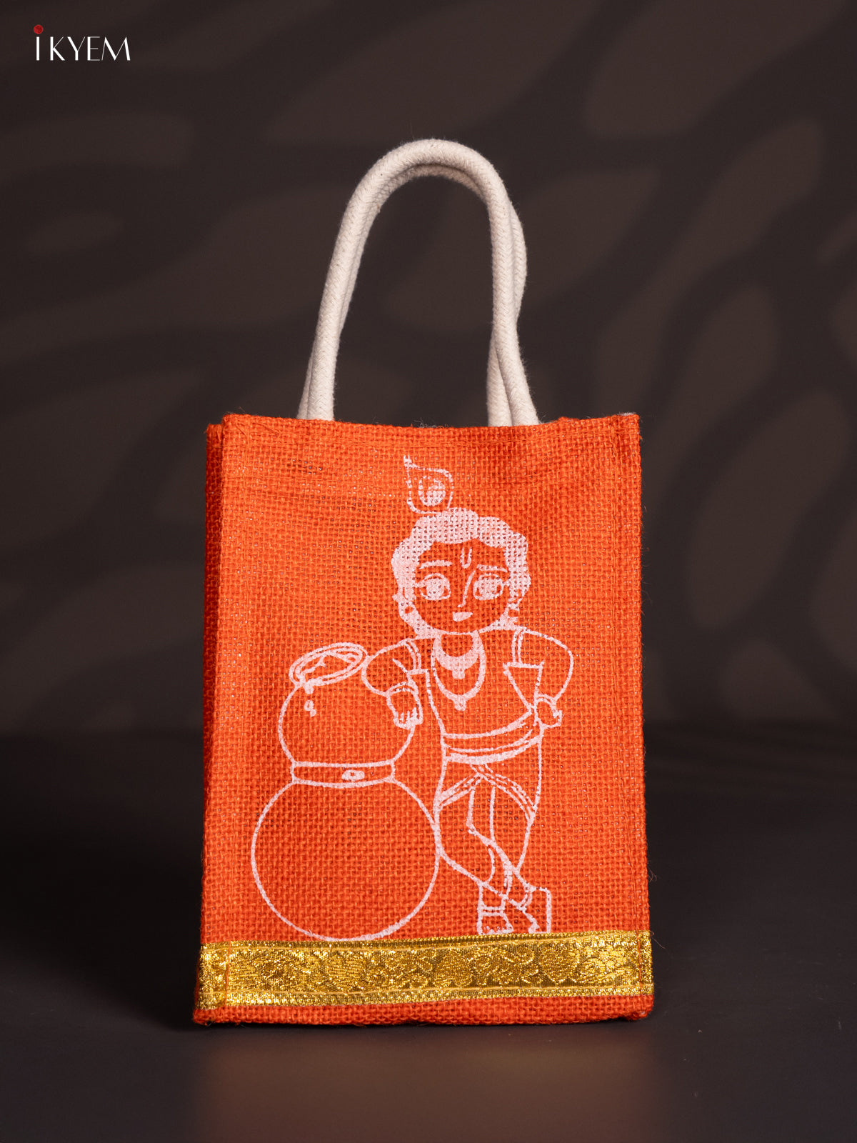 Cute 8 Inch Baby Krishna Printed Orange Jute Bag 