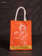 Cute 8 Inch Baby Krishna Printed Orange Jute Bag 
