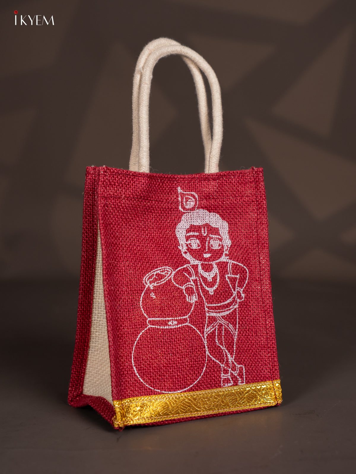 Cute Krishna Printed Maroon Jute Bag With Zari Border - 8 Inch 