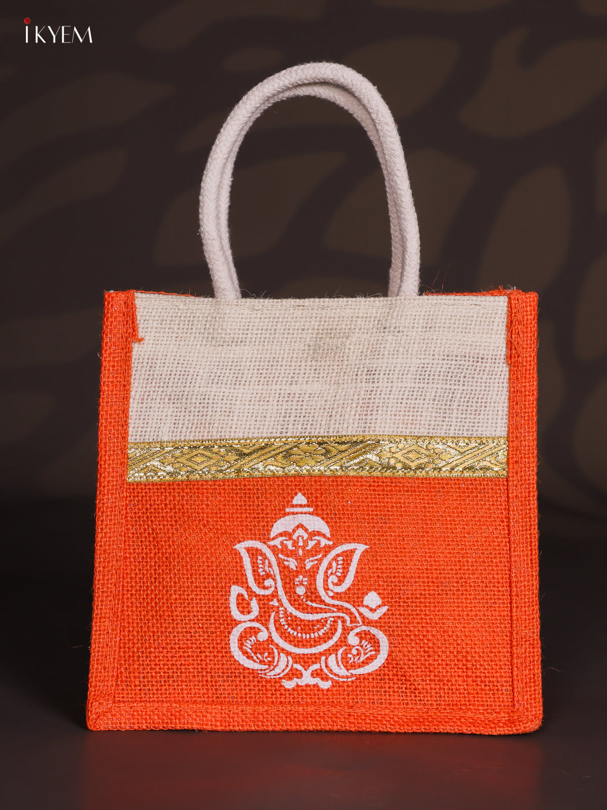Cute Orange & Beige Ganesha Printed Jute Bag with Zari border - 8 Inch 