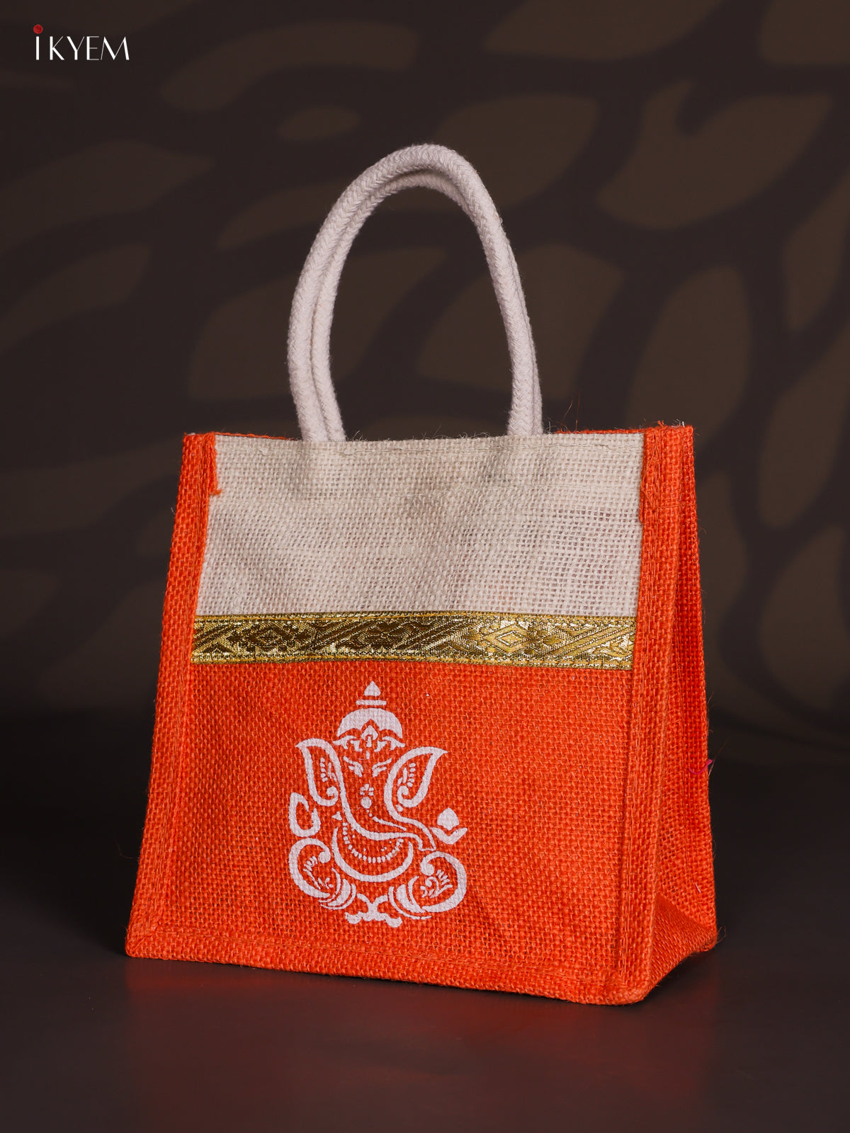 Cute Orange & Beige Ganesha Printed Jute Bags with Zari border - 8 Inch 
