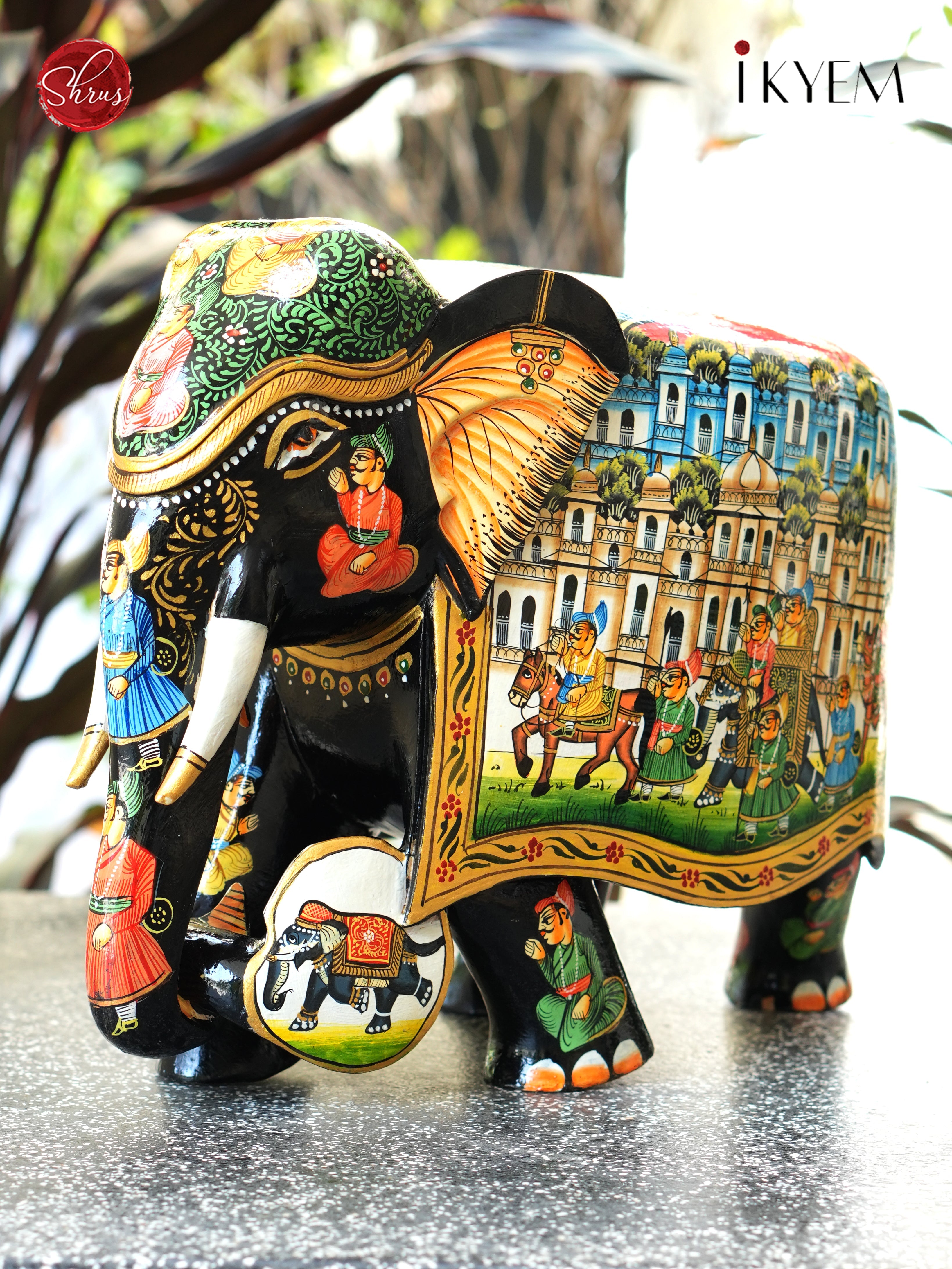 Wooden Hand Painted Elephant with Pure Gold Foil Work