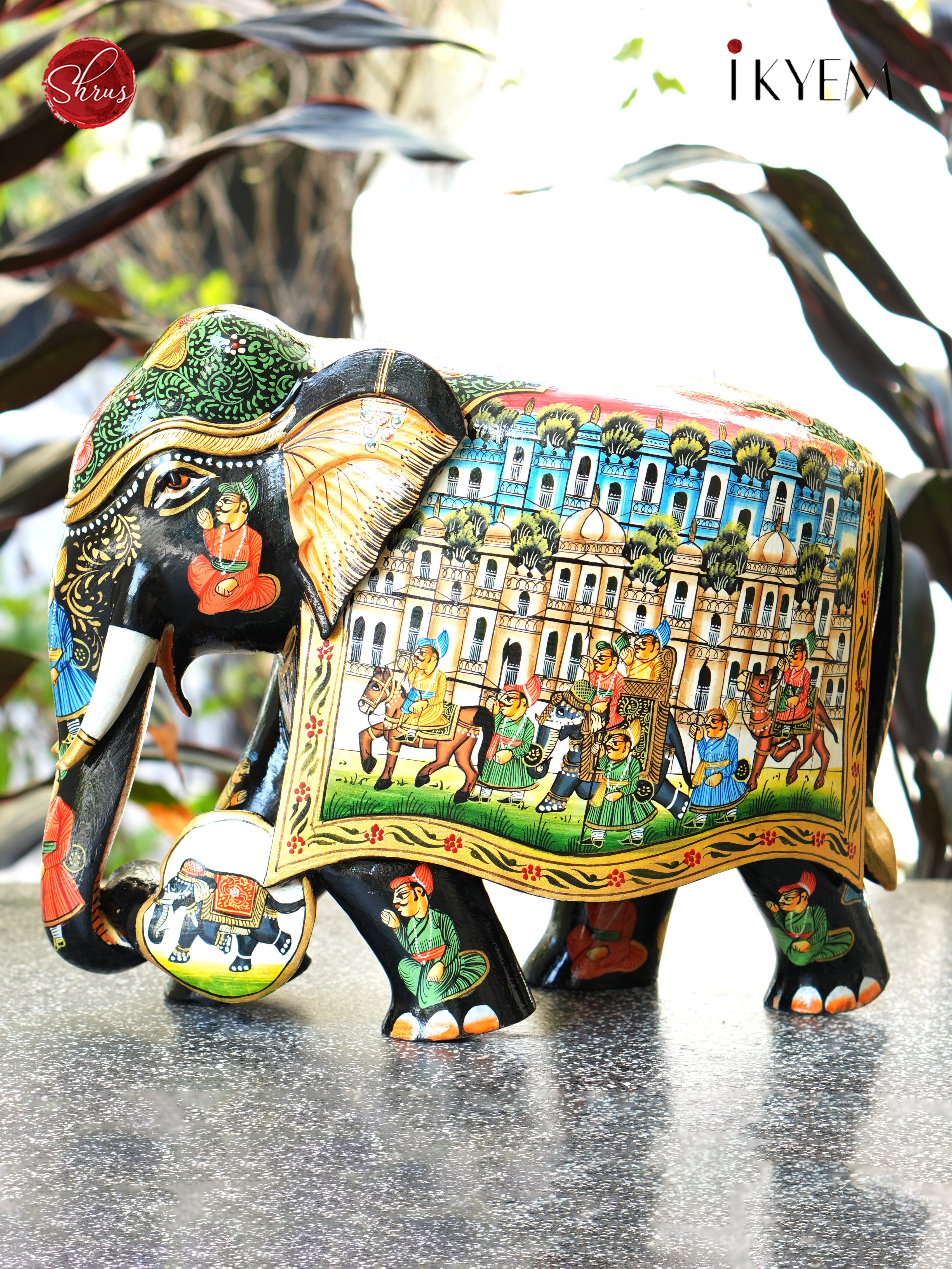 Wooden Hand Painted Elephant with Pure Gold Foil Work