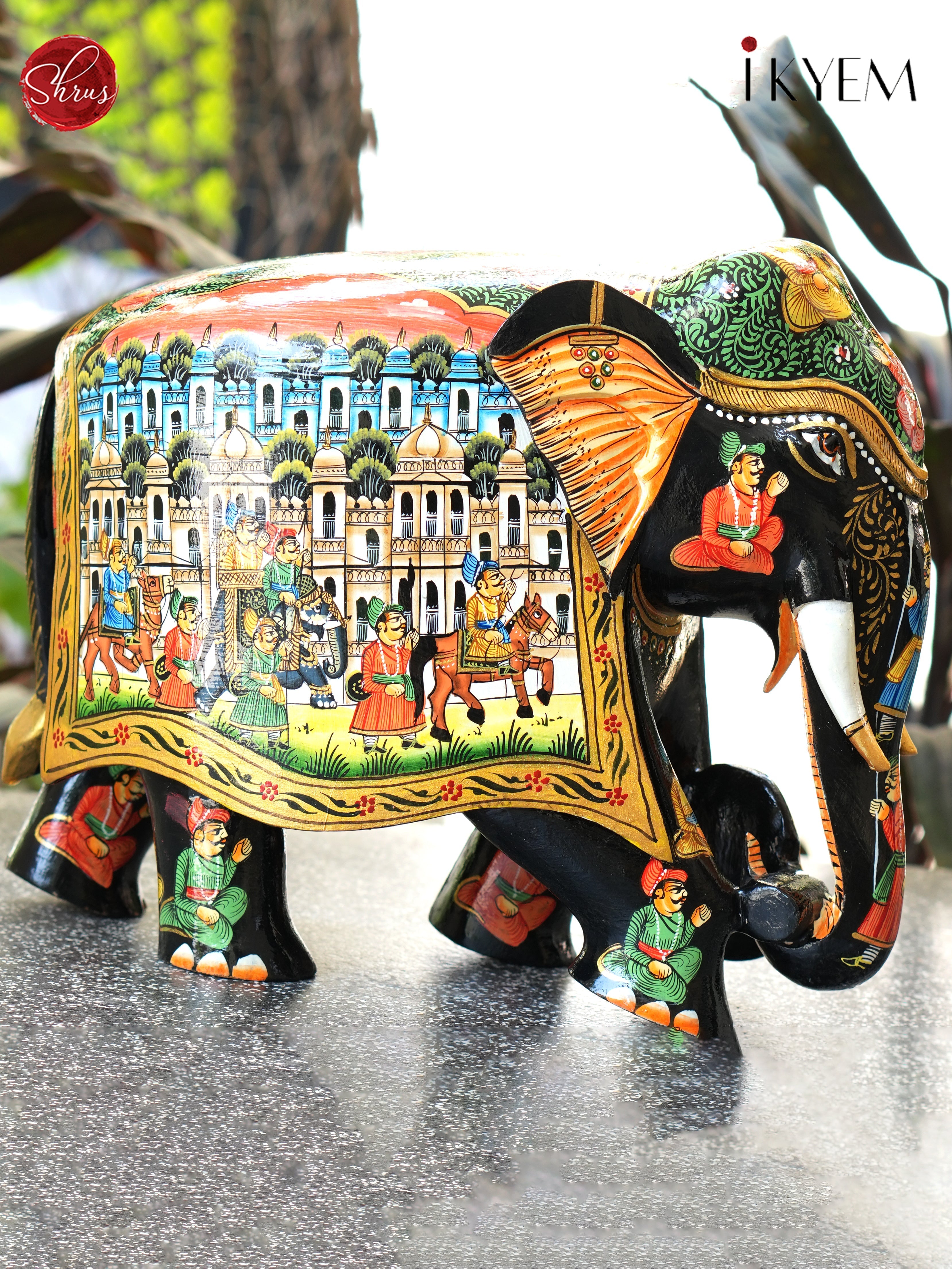 Wooden Hand Painted Elephant with Pure Gold Foil Work