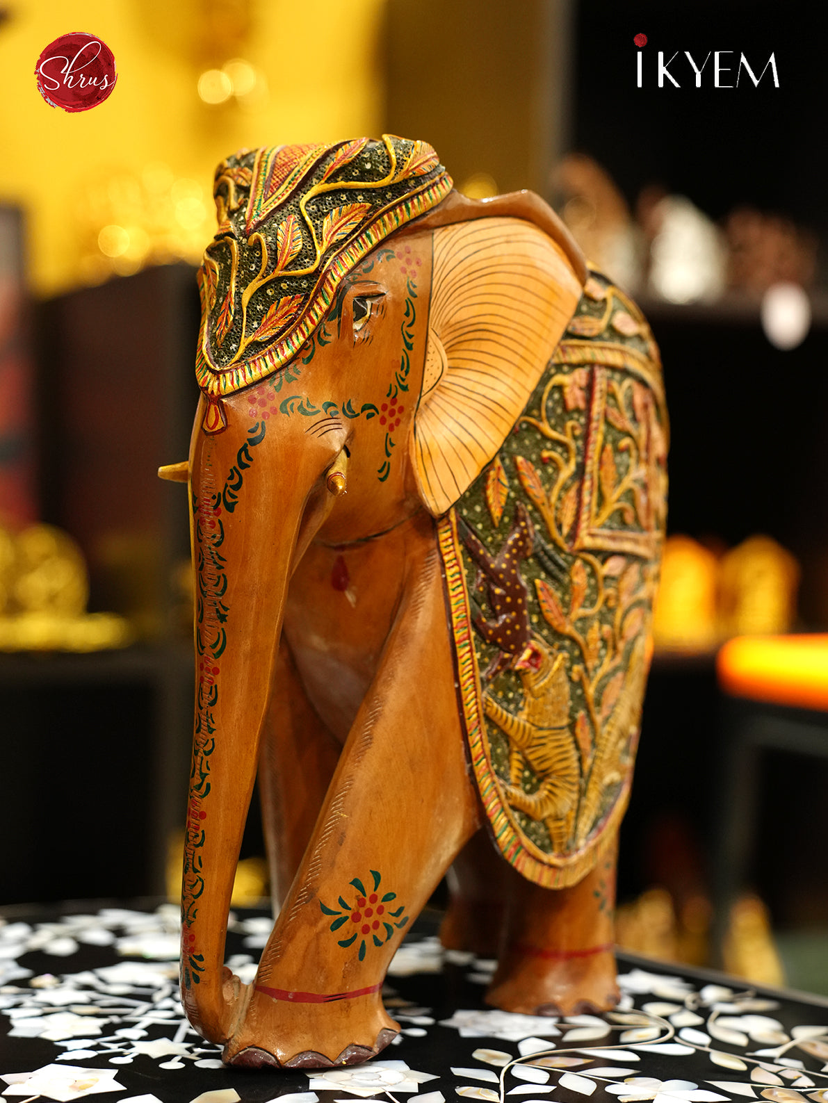 Hand painted Wooden Elephant Idol with Pure Gold Foil Work