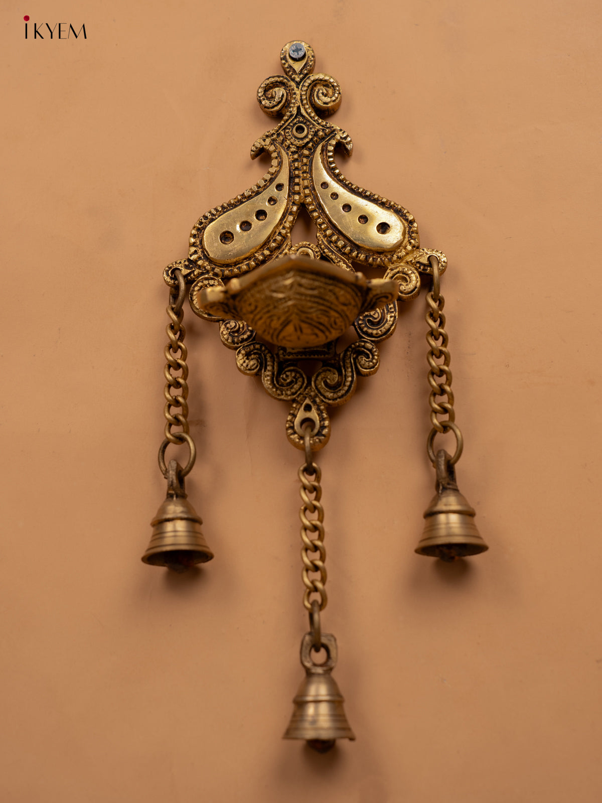 Brass Antique Wall Mount Hanging Diya with 3 Bells -12 inch- KB12115