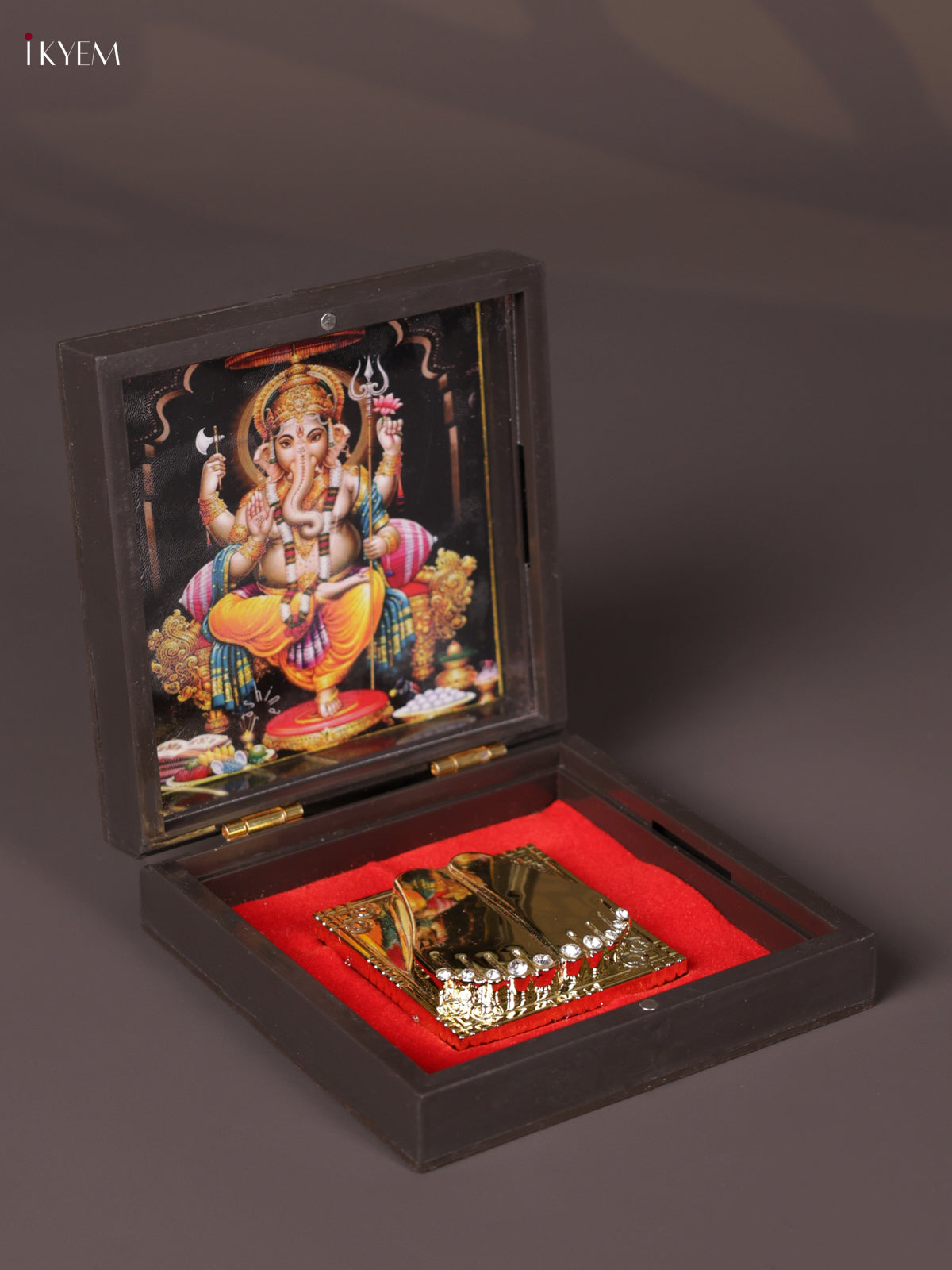 Dark Color Paduka Box With Lord Ganesha Picture & Footprints